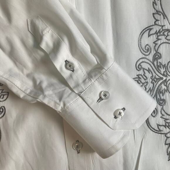 Embroidered white button-down shirt, mens large long sleeve pointed collar shirt - Picture 5 of 8